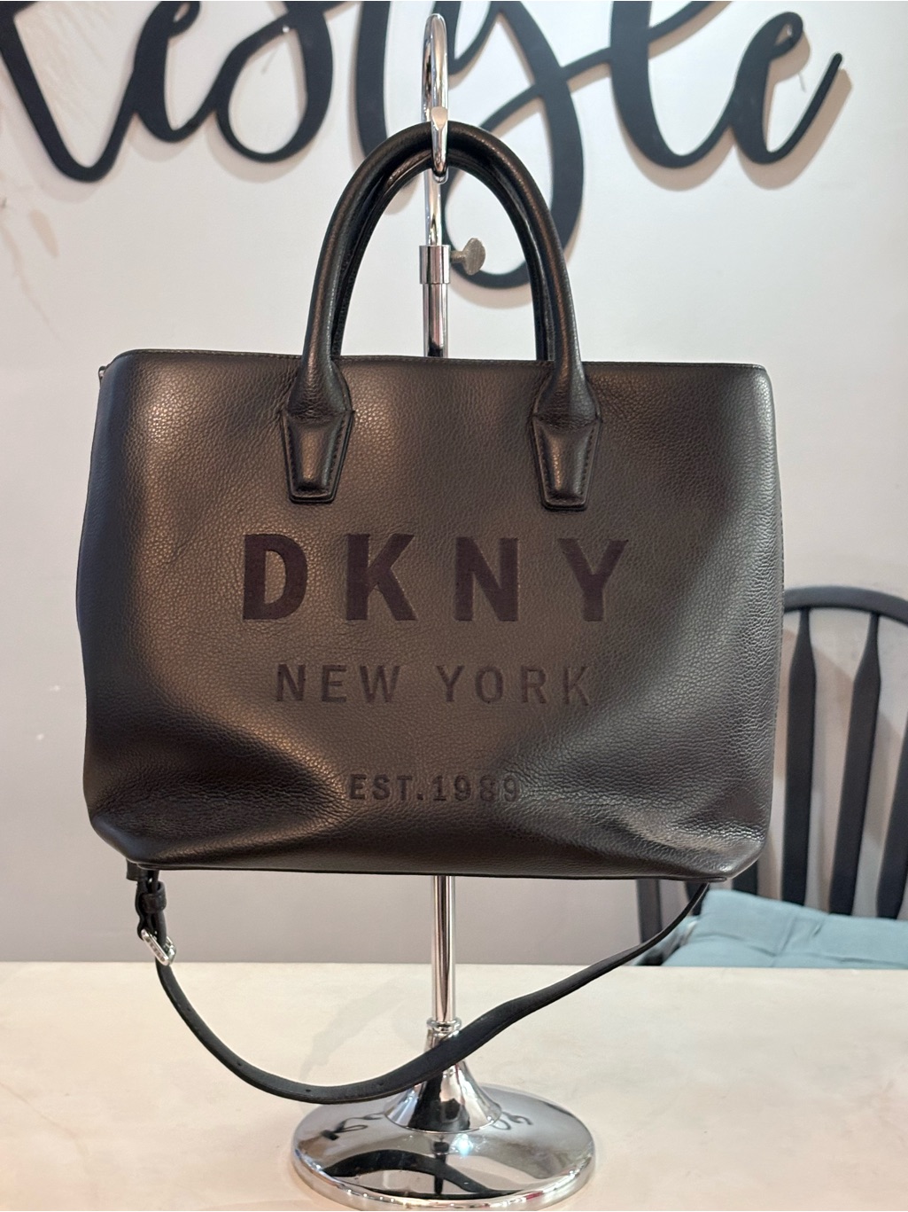 Dkny Black Pebble Leather Satchel With Logo